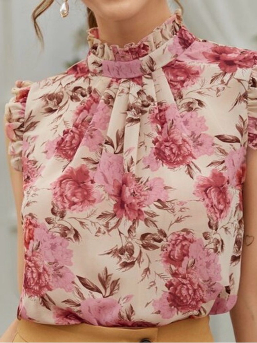 SHEIN Pink Floral Ruffle High-Neck Sleeveless Blouse